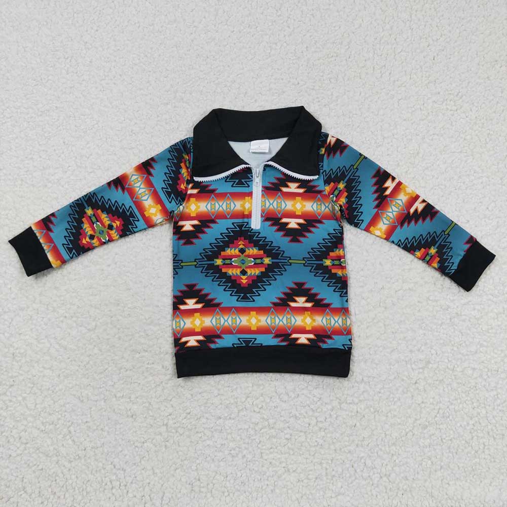 Baby Boys Western Blue Aztec Long Sleeve Pullover Tops