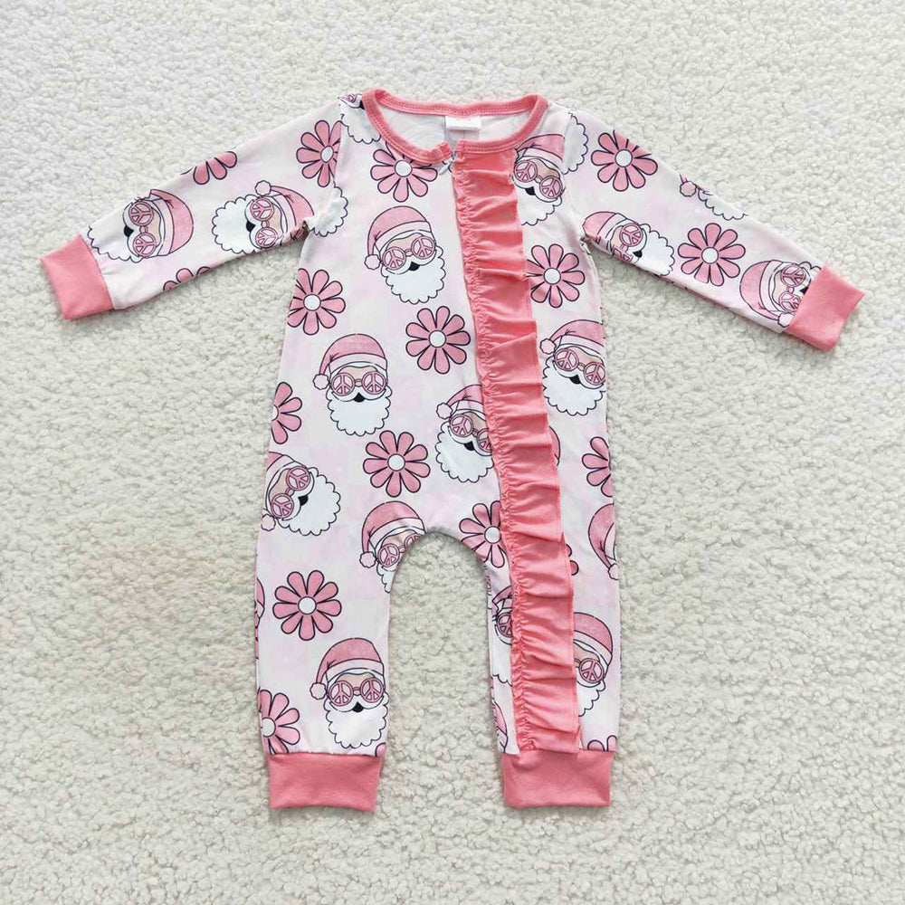 Baby Girls Christmas Santa Flowers Pink Zip Rompers