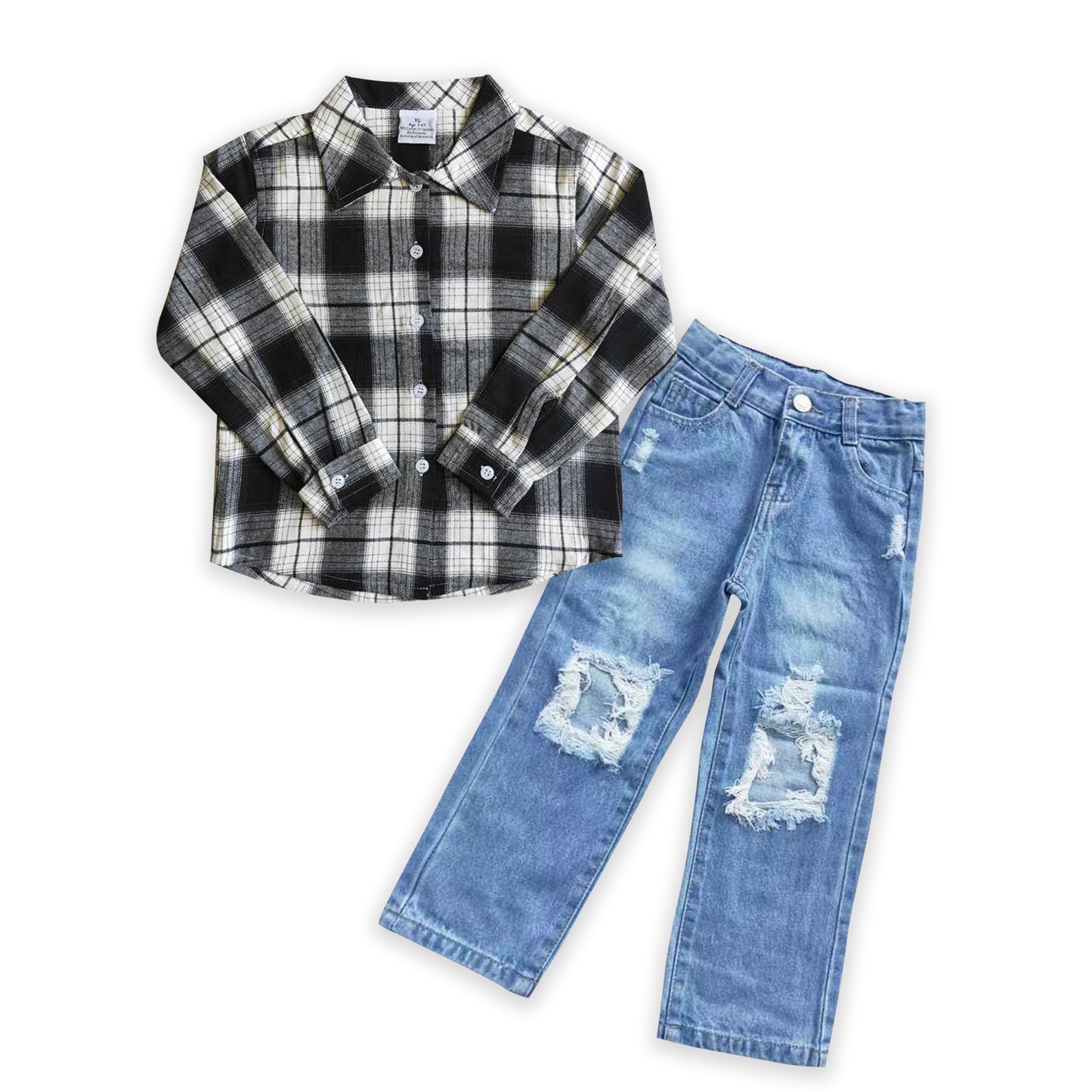 Baby Boys Black Buttons Cotton Shirts Denim Blue Pants Clothes Sets