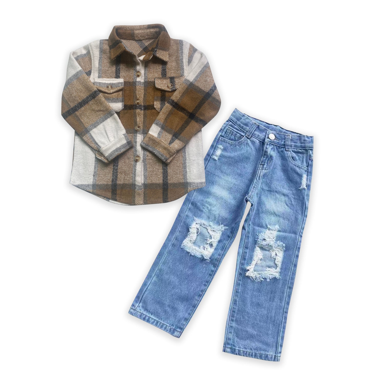 Baby Boys Brown Buttons Cotton Shirts Denim Blue Pants Clothes Sets