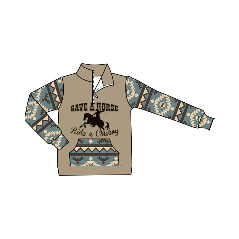 Preorder (moq 5)Baby Boys Western Cowboy Rodeo Aztec Zip Pocket Pullovers Tee Shirts