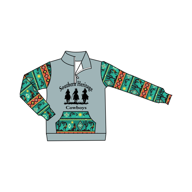 Preorder (moq 5)Baby Boys Western Cowboy Green Aztec Zip Pocket Pullovers Tee Shirts