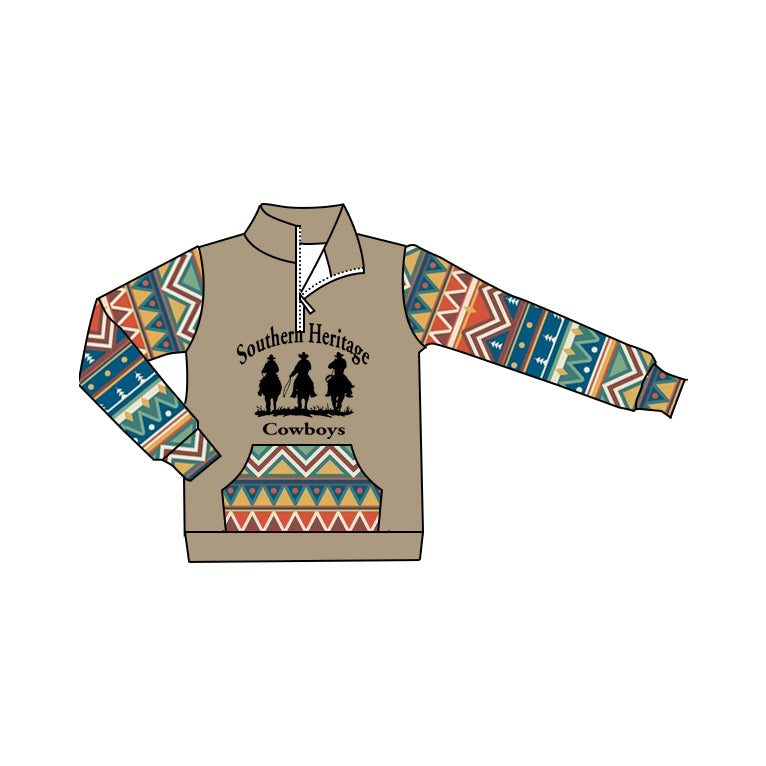 Preorder (moq 5)Baby Boys Western Cowboy Aztec Zip Pocket Pullovers Tee Shirts
