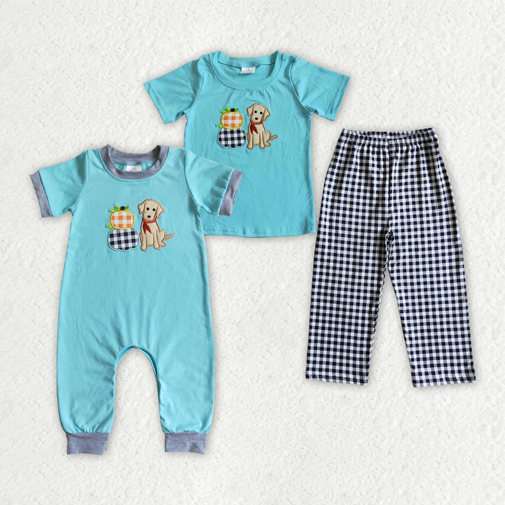 Sibling Baby Boys Dog Pumpkins Embroidery Rompers Outfits Sets