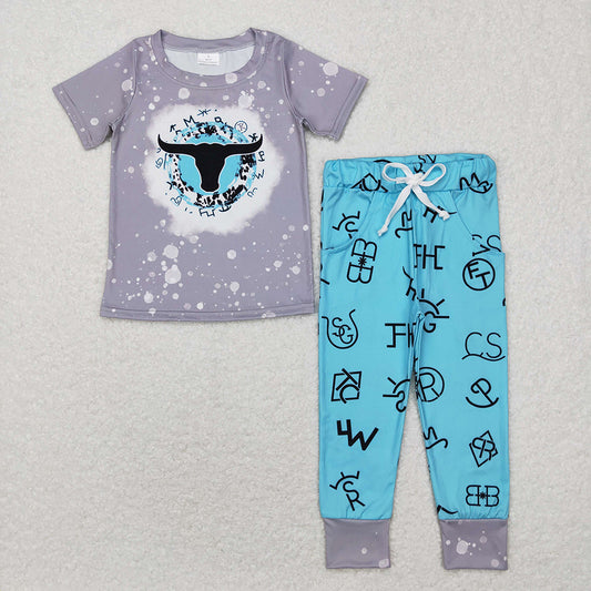 Baby Boys Western Blue Cow Shirt Words Pants Clothes Sets