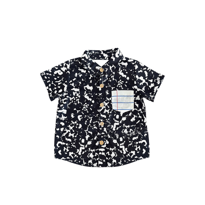 Preorder moq 5 Baby Boys Short Sleeves Back To School Black Pocket Button Shirts Tops