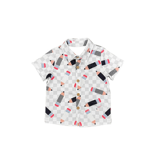 Preorder moq 5 Baby Boys Short Sleeves Back To School Pencils Pocket Button Shirts Tops