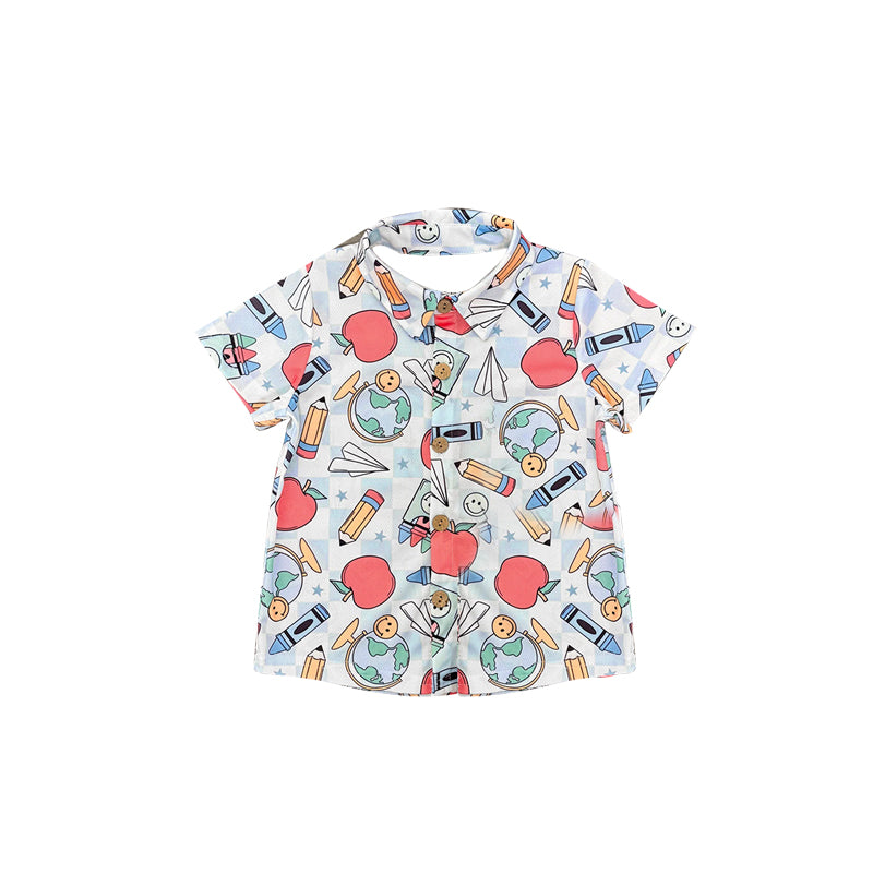 Preorder moq 5 Baby Boys Short Sleeves Back To School Pencils Apple Pocket Button Shirts Tops