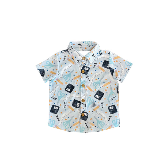 Preorder moq 5 Baby Boys Short Sleeves Back To School Rulers Pocket Button Shirts Tops