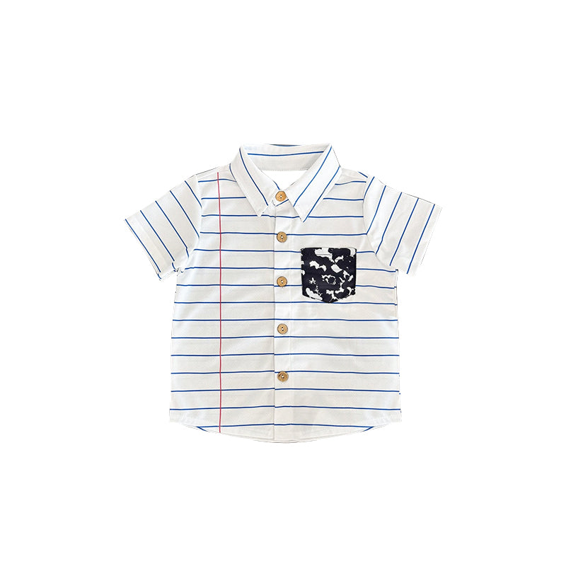 Preorder moq 5 Baby Boys Short Sleeves Back To School White Stripes Pocket Button Shirts Tops
