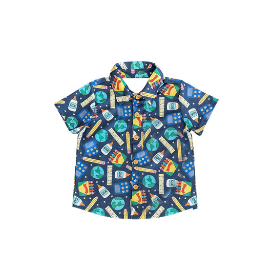 Preorder moq 5 Baby Boys Short Sleeves Back To School Crayons Pocket Button Shirts Tops