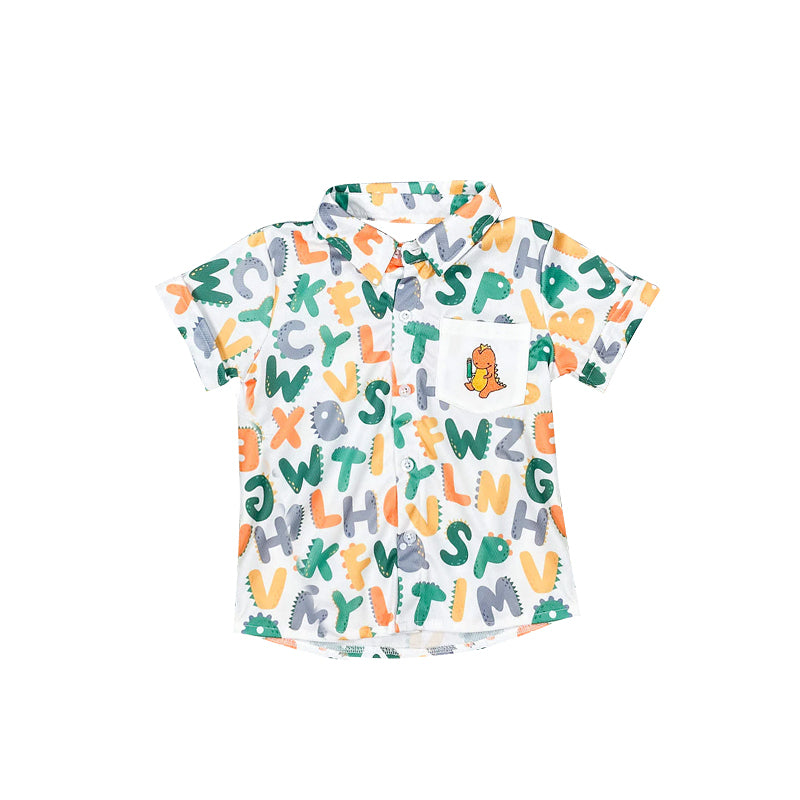 Preorder moq 5 Baby Boys Short Sleeves Back To School Alphabet Pocket Button Shirts Tops