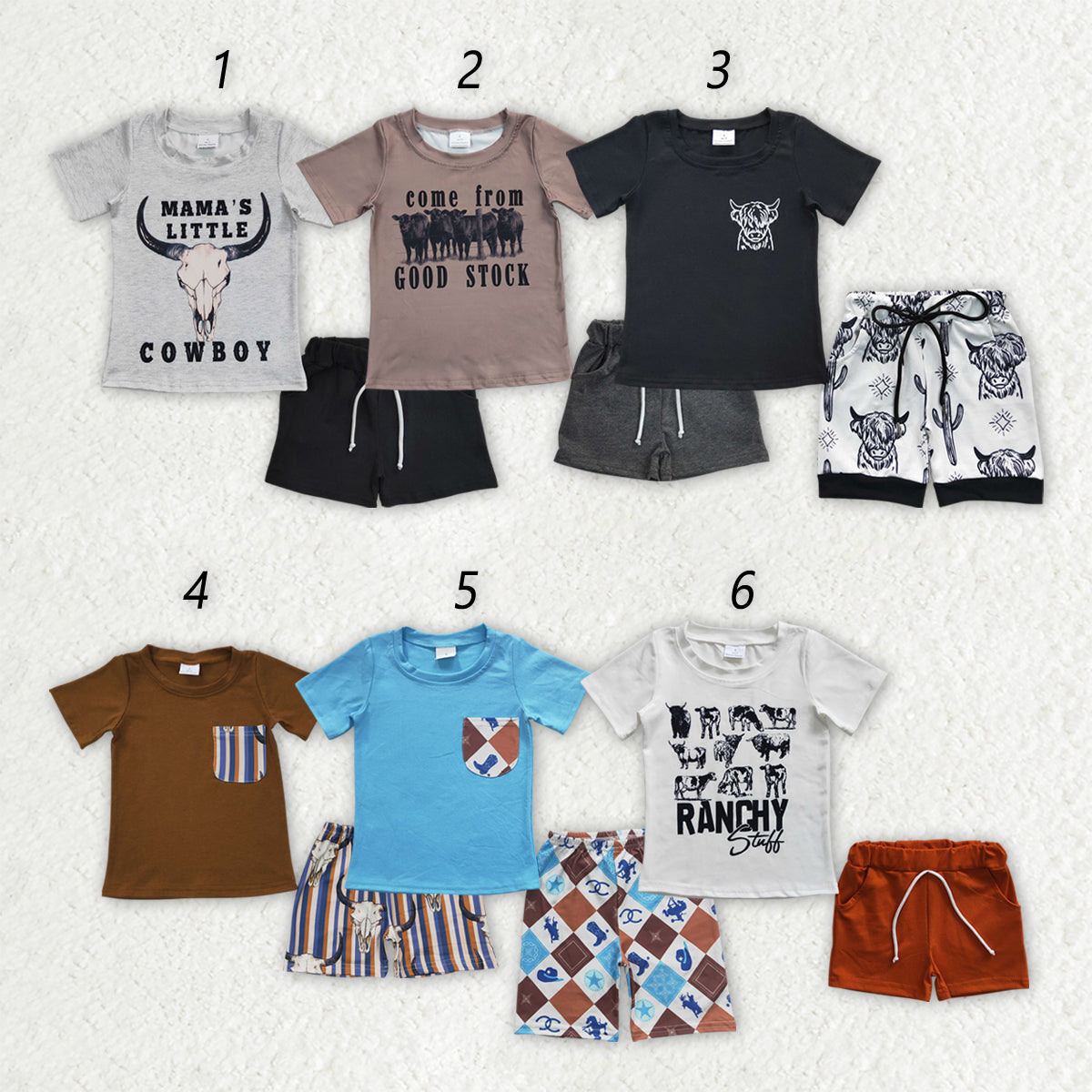 Sibling Brothers Baby Boys Cowboy Western Summer Shorts Sets
