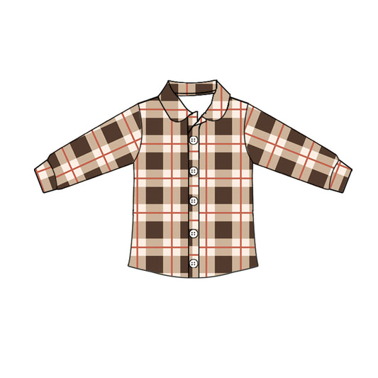 Baby Boys Western Brown Checkered Buttons Long Sleeve Tee Shirts Tops preorder(moq 5)