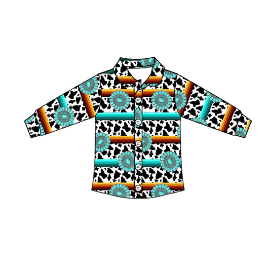 Baby Boys Western Turquoise Buttons Long Sleeve Tee Shirts Tops preorder(moq 5)