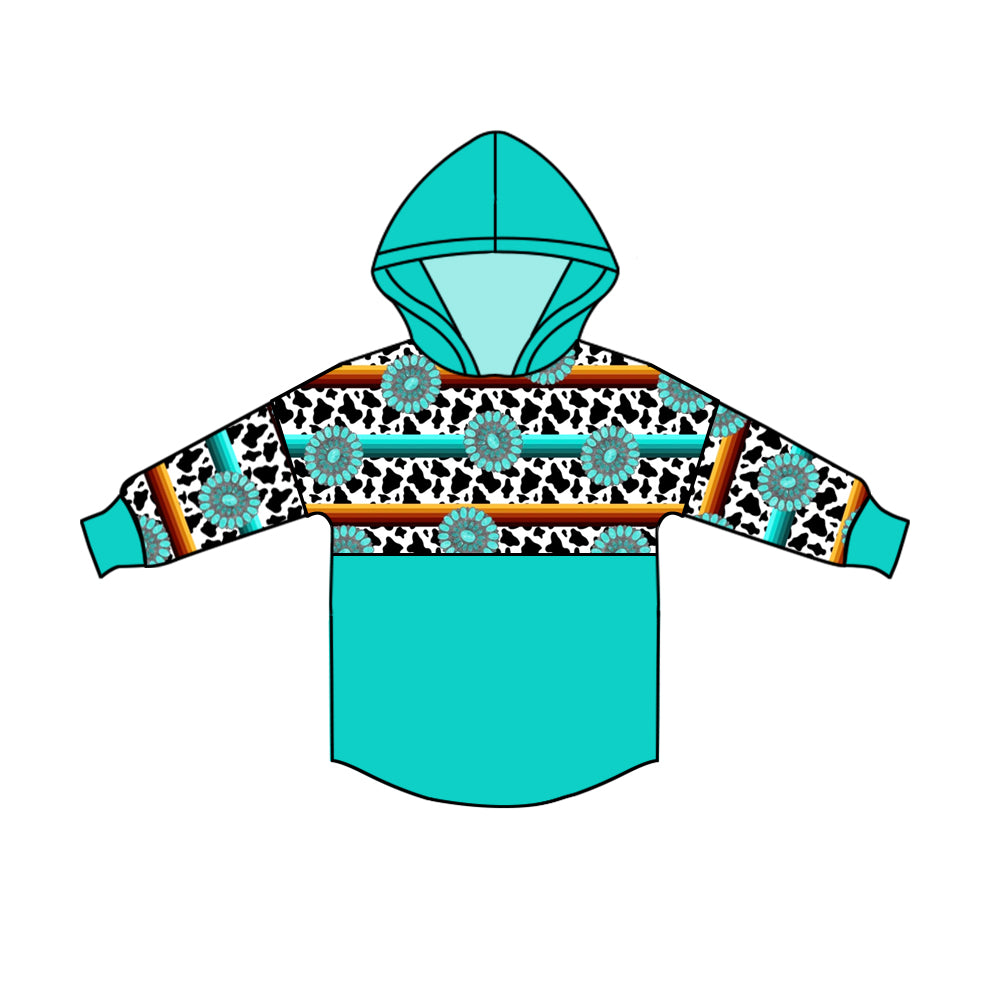 Baby Kids Boys Western Turquoise Cow Hooded Long Sleeve Tops preorder(moq 5)