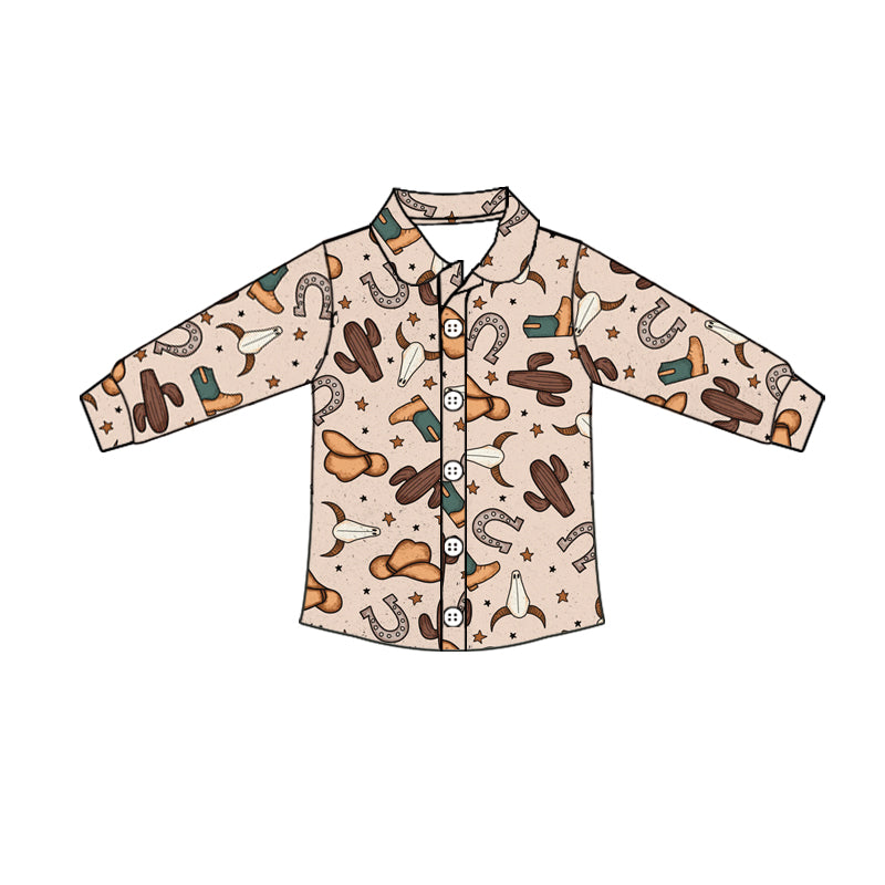 Baby Boys Western Cactus Cows Buttons Long Sleeve Tee Shirts Tops preorder(moq 5)