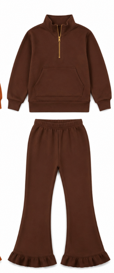 Preorder (moq 5)Baby Girls Brown Zip Cotton Top Ruffle Bell Pants Outfits Sets