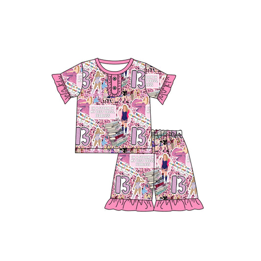 Preorder (moq 5)Baby Girls Singer Pink Top Ruffle Shorts Pajamas Clothes Sets