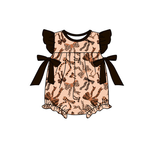 Infant Baby Girls Black Leopard Bows Flutter Sleeve Rompers preorder(moq 5)