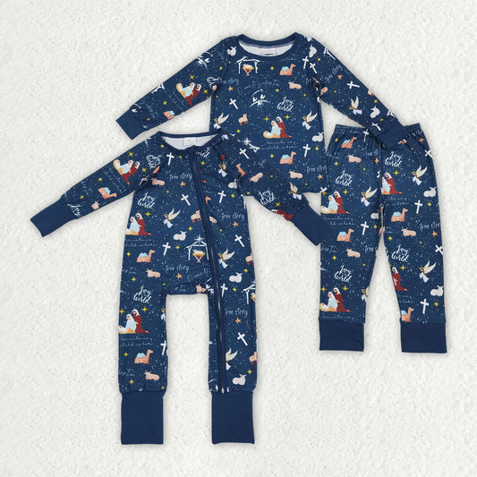 Sibling Baby Boys Navy Nativity Christmas Pajamas Sets Zipper Footie Rompers