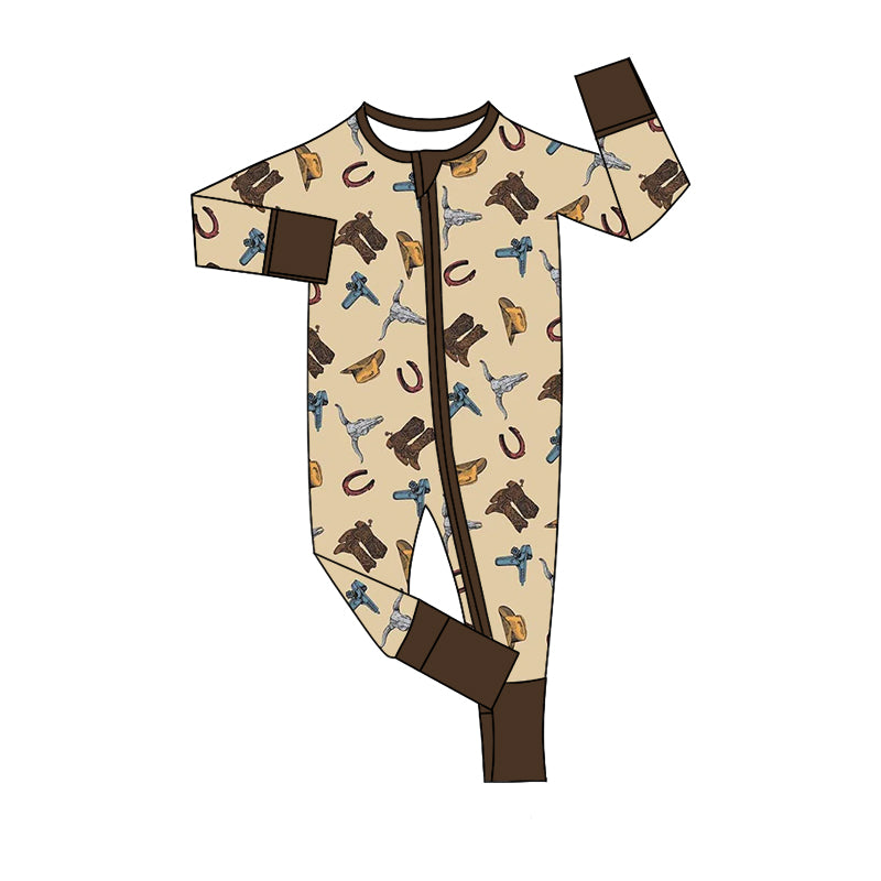 Baby Infant Western Cow Skull Bamboo Long Sleeve Zip Rompers preorder(moq 5)