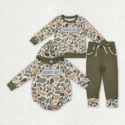 Sibling Baby Boys Embroidery Mama's Boy Orange Camo Pockets Pant Clothes Sets Hoodie Romper