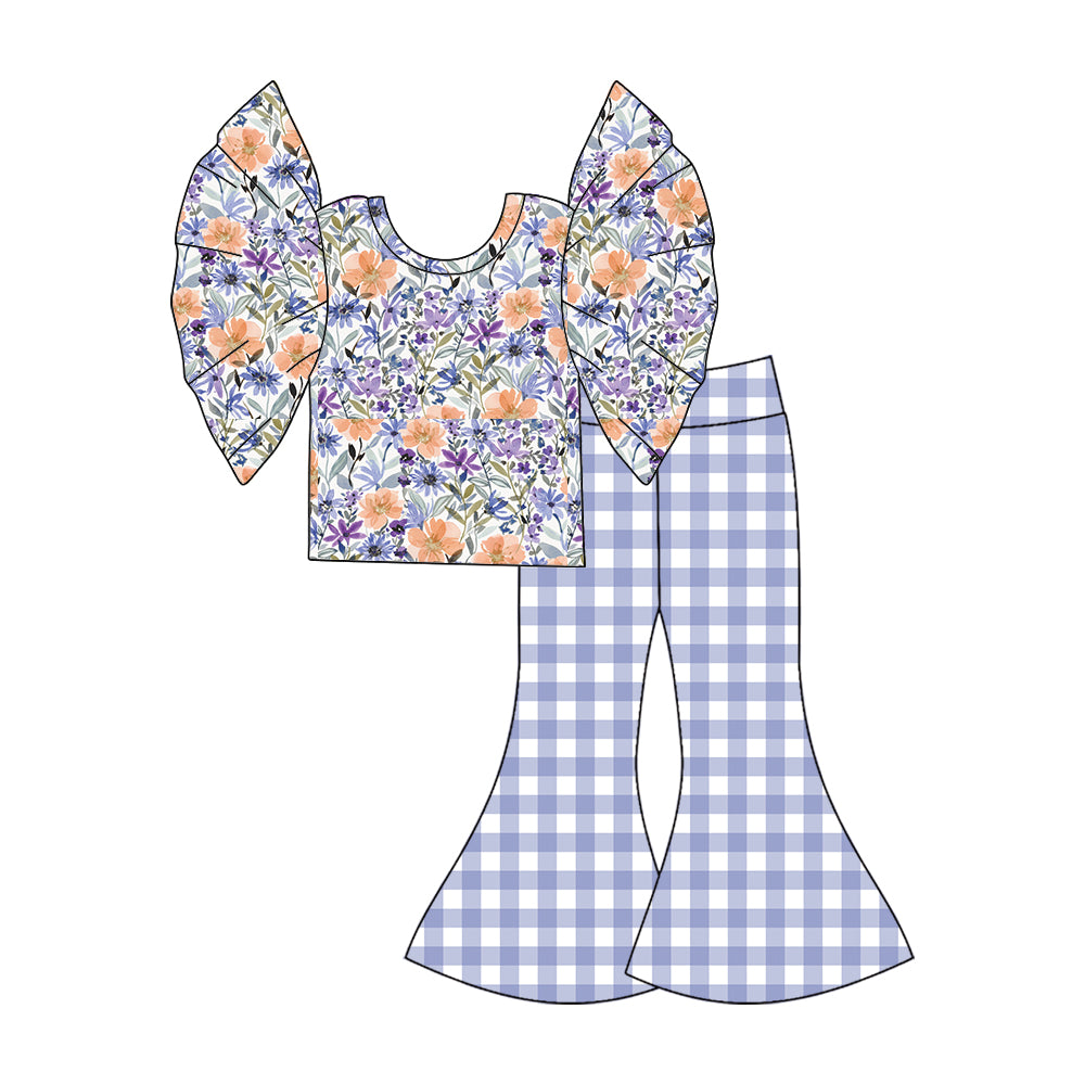 Baby Girls Lavender Flowers Flutter Sleeve Shirt Top Checkered Bell Pants Sets preorder(MOQ 5)