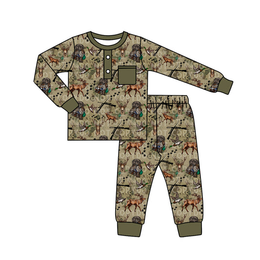 Baby Boys Fall Deers Hunting Top Pants Pajamas Clothes Sets Preorder(moq 5)