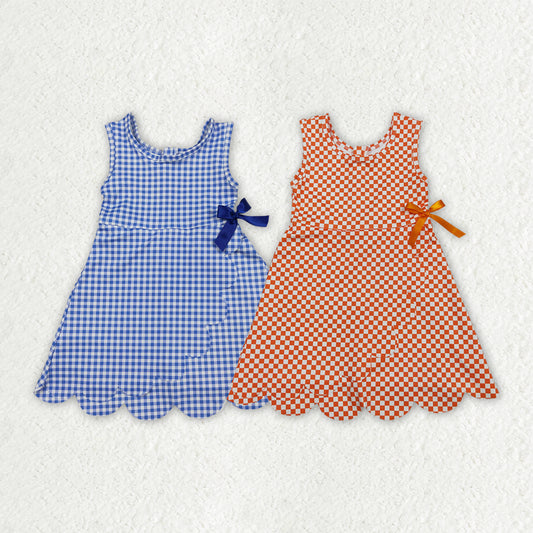 Sibling Baby Girls Blue Orange Checked Yoga Active Shorts Scallop Knee Length Dresses
