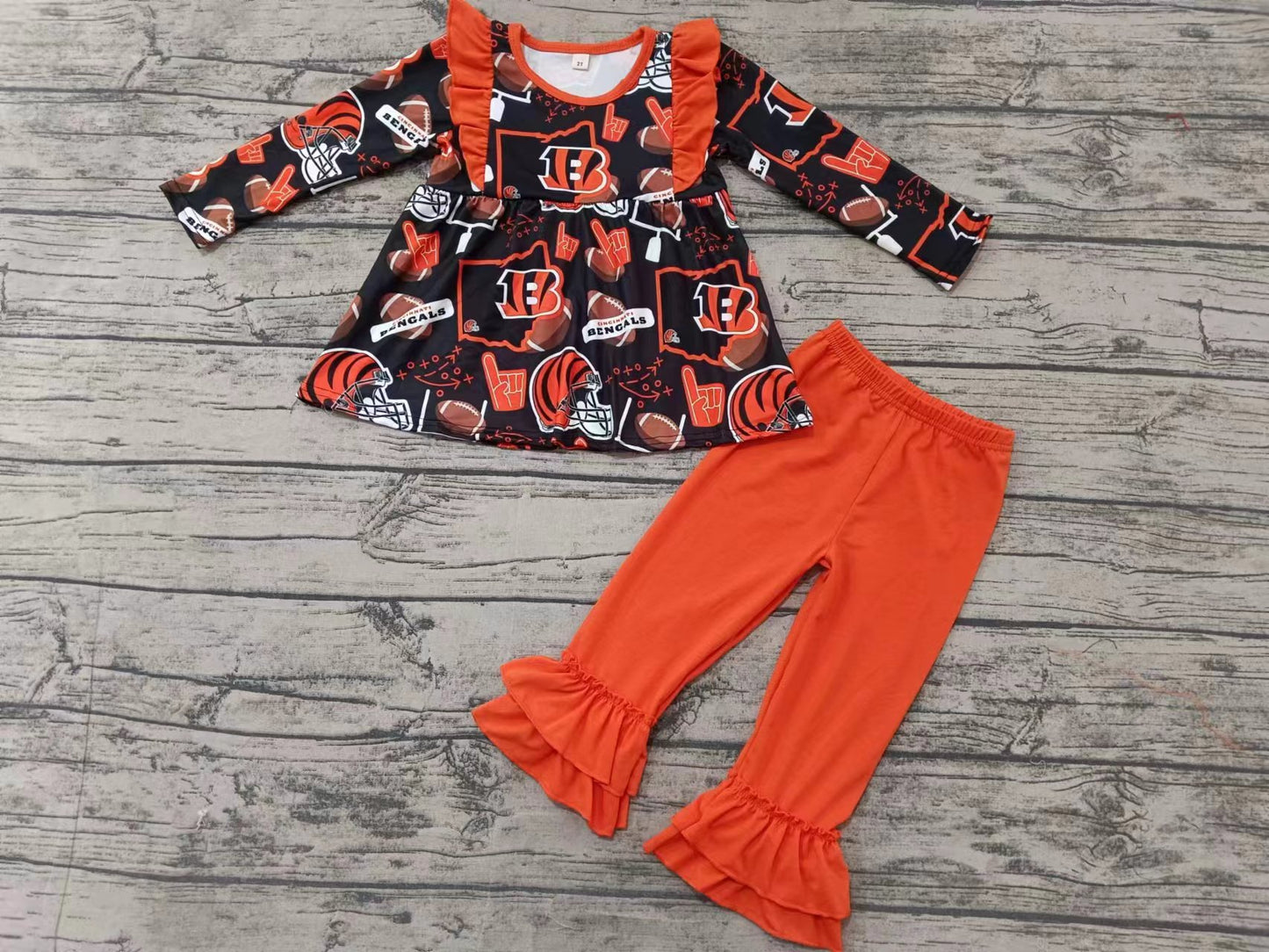 Baby Girls Bengals Ruffle Tunic Football Team Pants Clothes Sets split order preorder Nov 21st