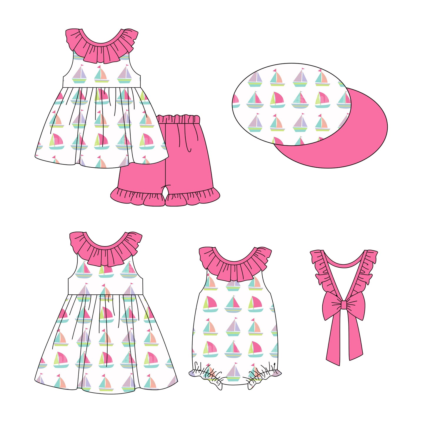 Preorder moq 5 Custom Baby Girls Pink Sleeveless Boats Tunic Ruffle Short Set Knee Length Dress And Rompers