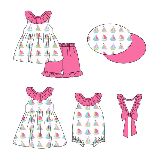 Preorder moq 5 Custom Baby Girls Pink Sleeveless Boats Tunic Ruffle Short Set Knee Length Dress And Rompers