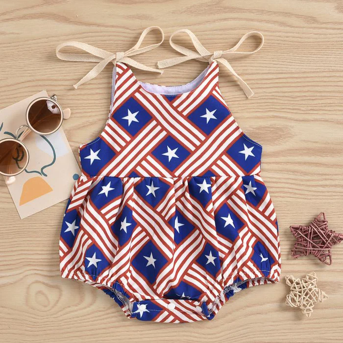 Baby Infant Girls Stars 4th Of July Straps Rompers preorder(moq 5)