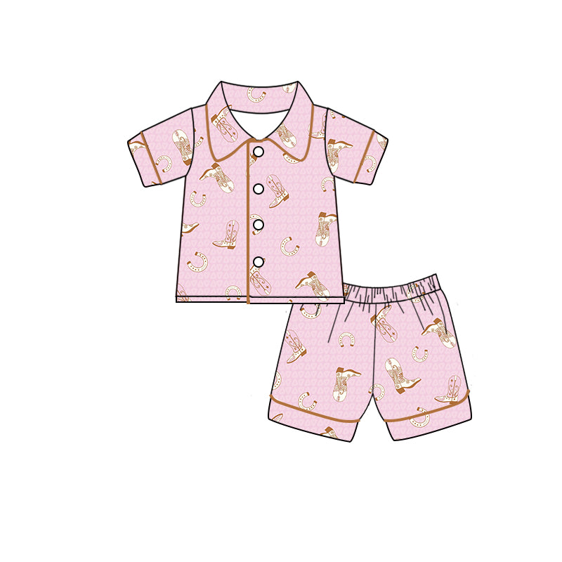 Baby Girls Western Boots Summer Short Sleeve Top Shorts Pajamas Clothes Sets preorder(moq 5)