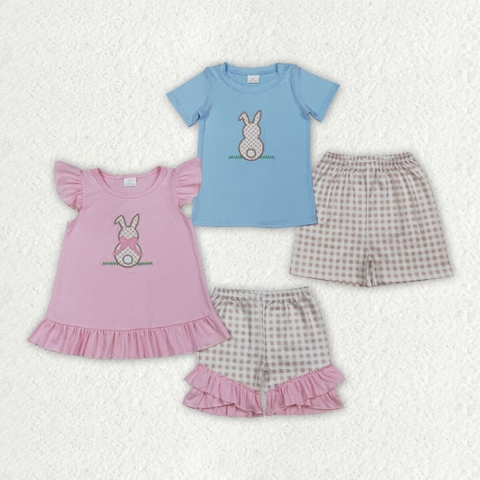 Sibling Baby Kids Embroidery Rabbits Top Checked Short Easter Clothes Sets