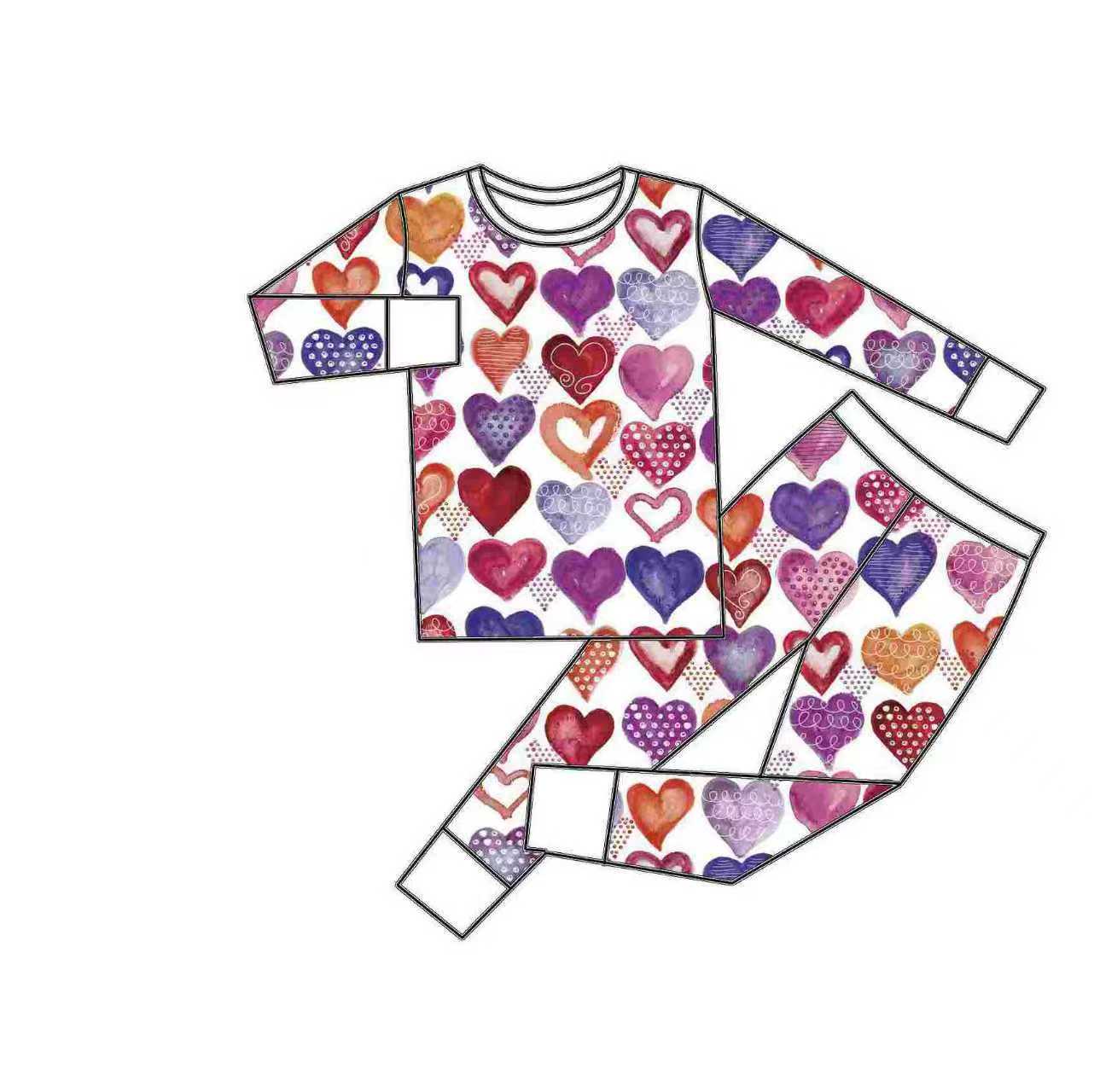 Preorder (moq 5)Baby Girls Colorful Hearts Top Pants Valentines Pajamas Sets