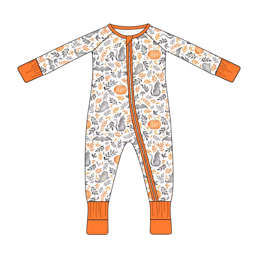 Baby Infant Girls Pumpkin Ghost Long Sleeve Zip Rompers preorder(moq 5)