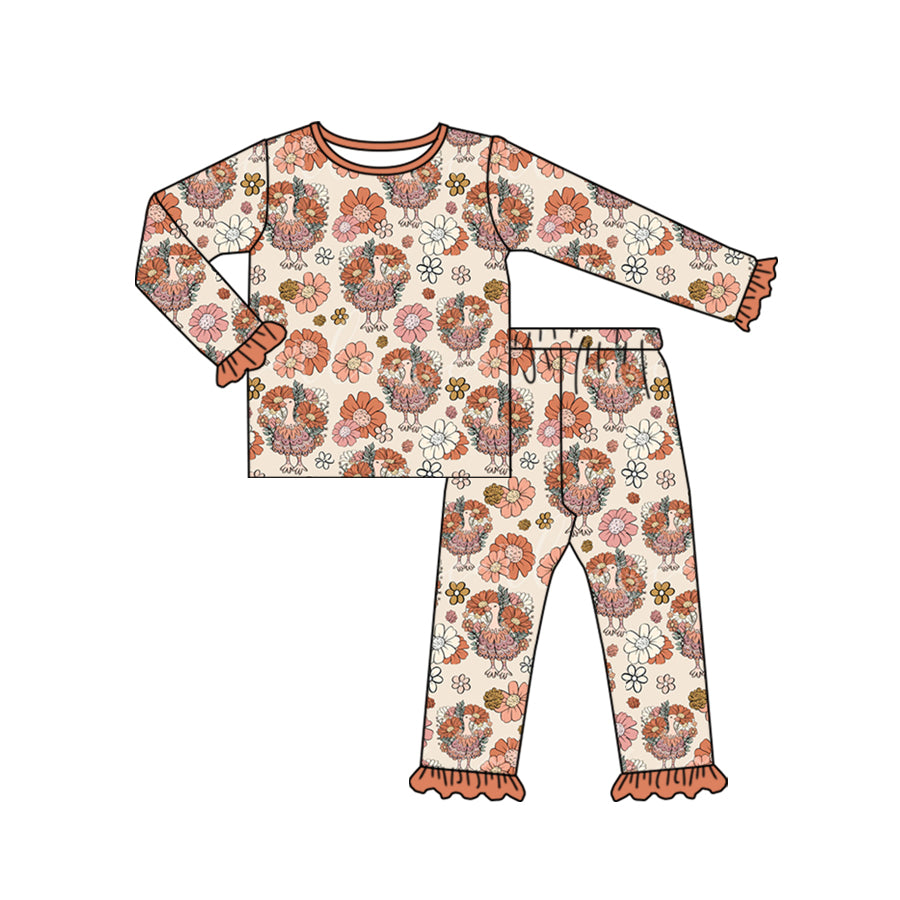 Baby Girls Pumpkins Flowers Turkey Shirt Pants Pajamas Clothes Sets Preorder(moq 5)