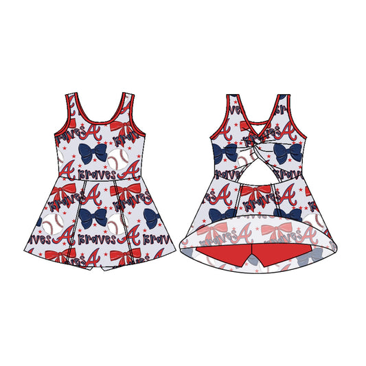 Preorder (moq 5)Baby Girls Sleeveless Bows Stars Baseballs A Shorts Team Knee Length Dress