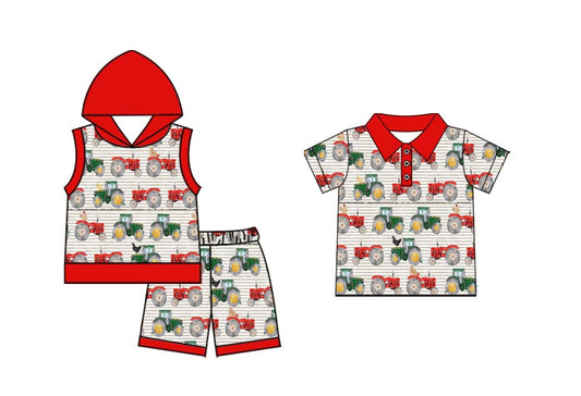 Preorder(moq 5 each)Sibling Baby Boys Red Farm Construction Hooded Top Pullovers Shorts Sets