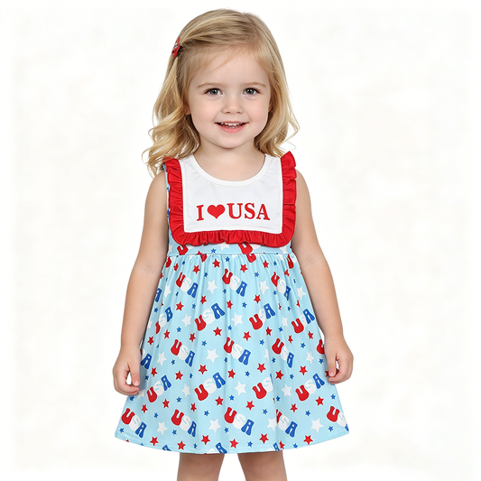 Baby Girls Sleeveless I Love USA Stars 4th of July Knee Length Dresses