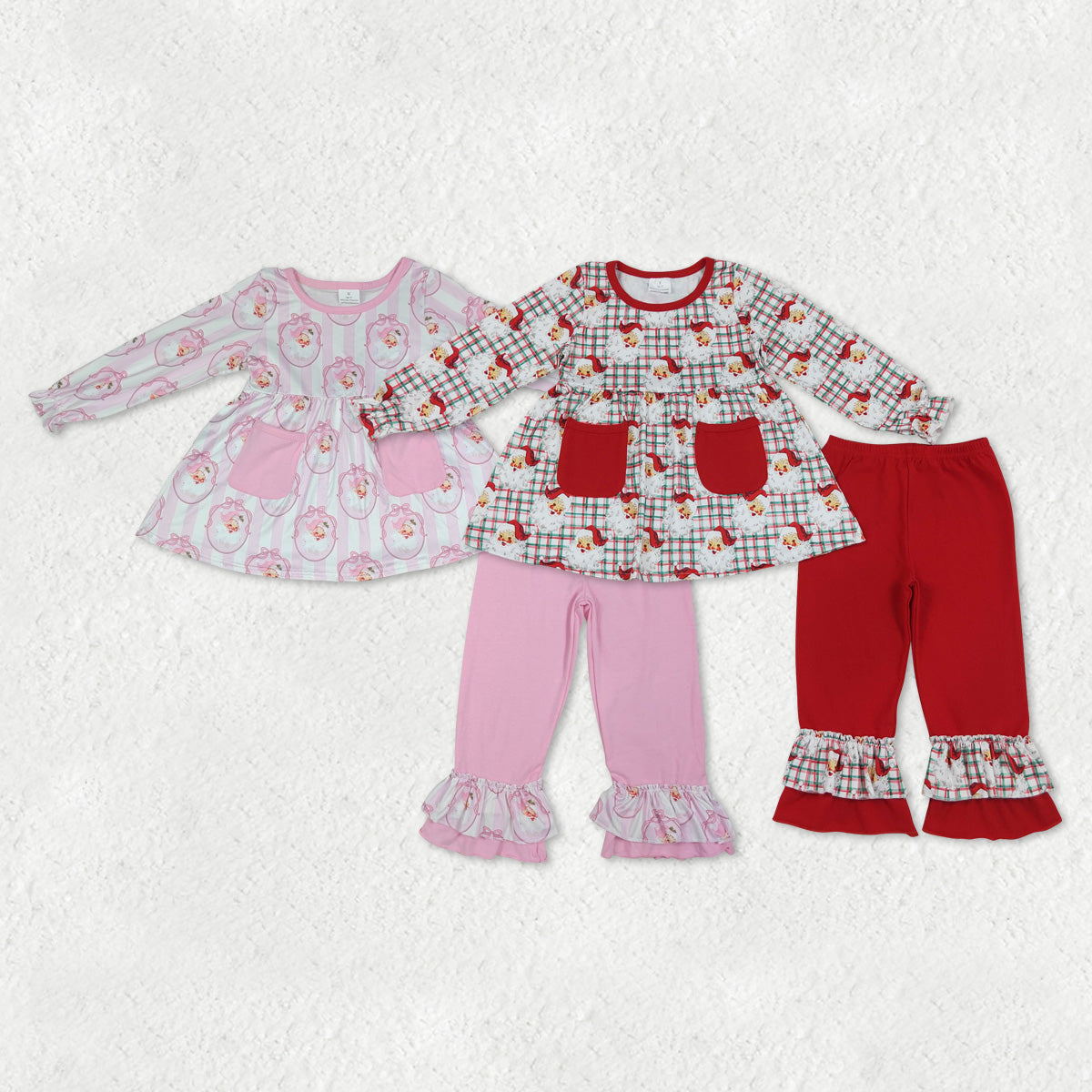 Sibling Baby Girls Santa Pockets Tunic Ruffle Pants Christmas Clothes Sets