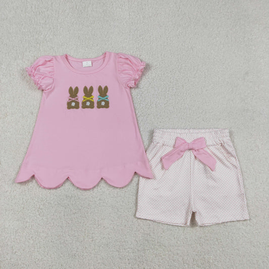 Sibling Baby Girls Embroidery Bow Rabbits Tunic Pockets Shorts Easter Clothes Set Rompers