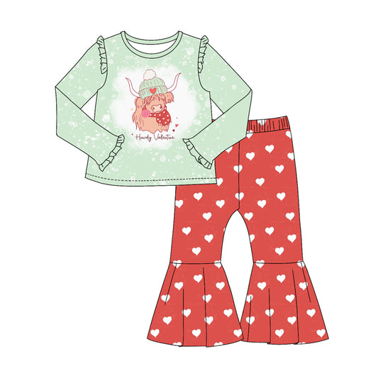 Baby Girls Valentines Highland Cow Shirts Hearts Bell Pants Clothes Sets preorder(MOQ 5)