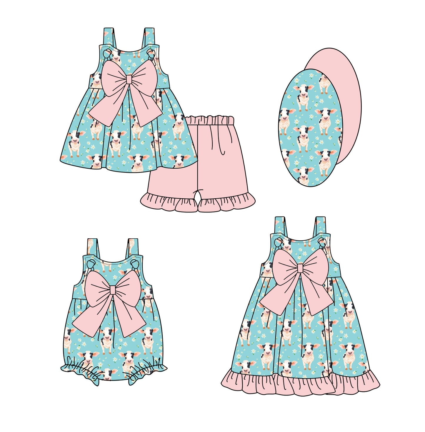 Preorder moq 5 Custom Baby Aqua Girls Strap Cows Tunic Pink Ruffle Short Set Knee Length Dress And Rompers