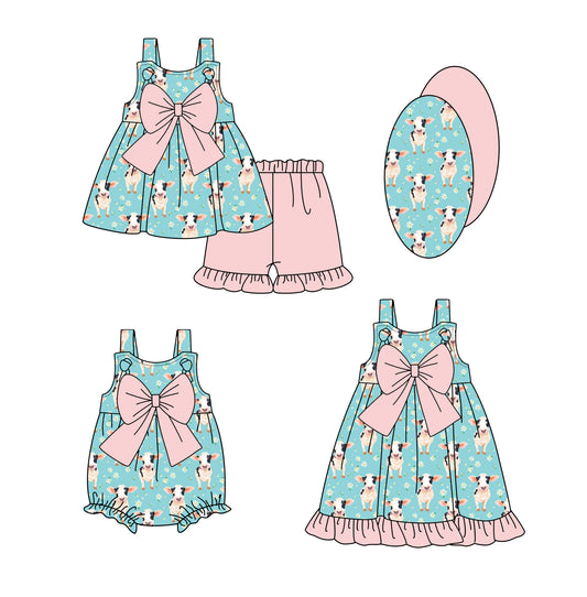 Preorder moq 5 Custom Baby Aqua Girls Strap Cows Tunic Pink Ruffle Short Set Knee Length Dress And Rompers