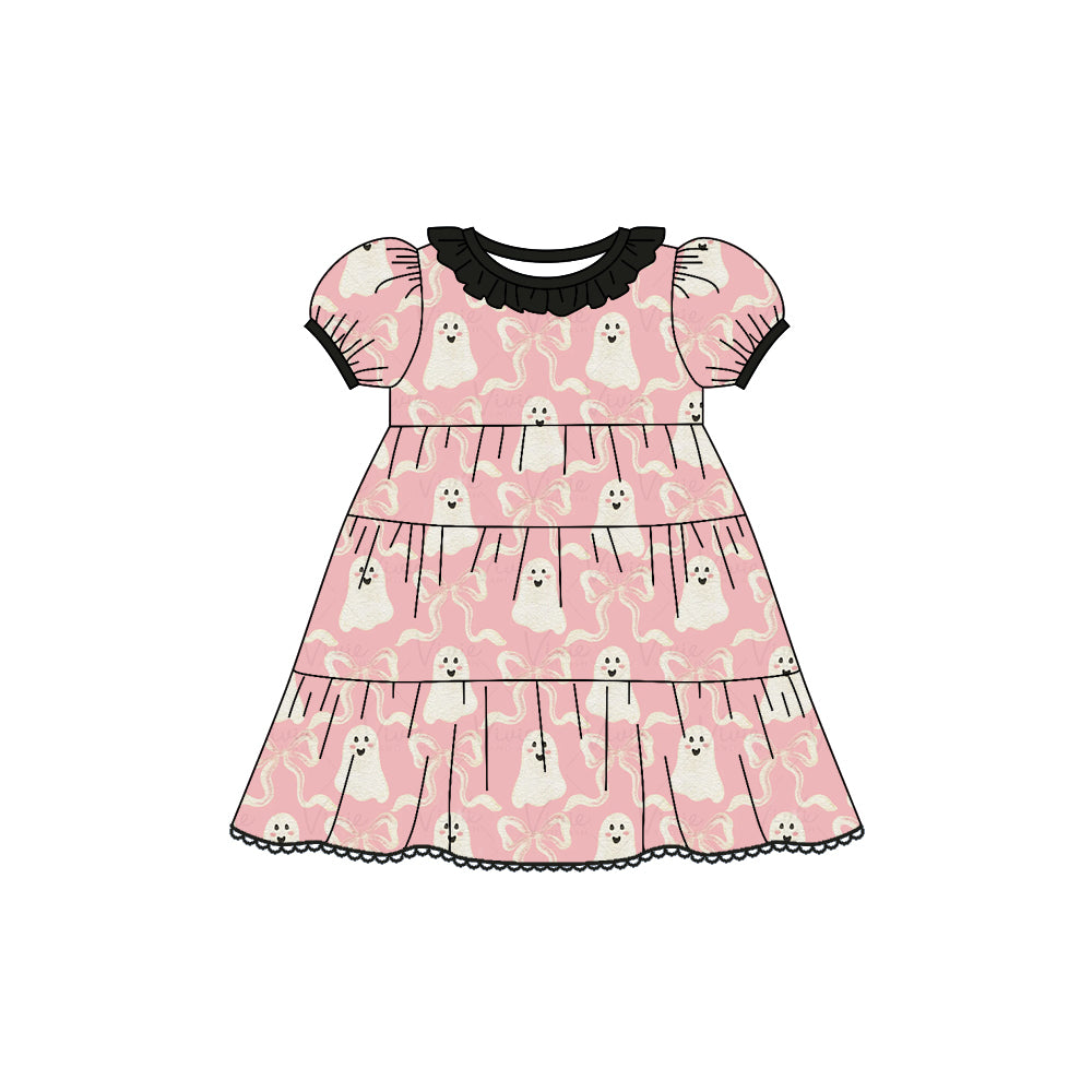 Preorder (moq 5)Baby Girls Short Ruffle Sleeves Peach Bows Ghosts Plaid Knee Length Dresses
