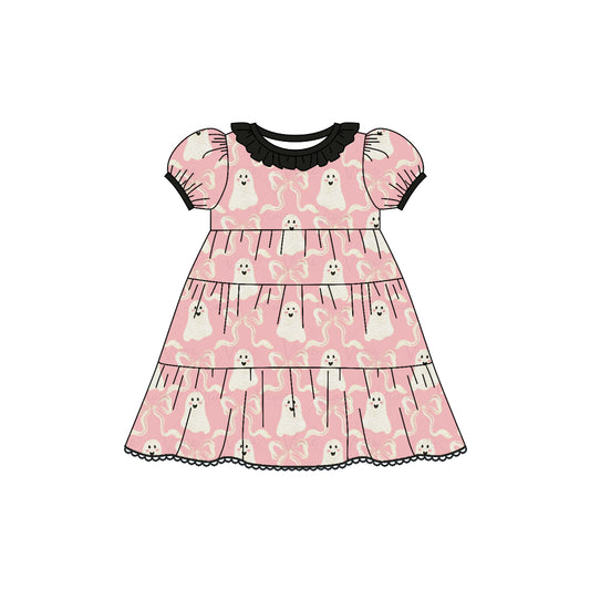 Preorder (moq 5)Baby Girls Short Ruffle Sleeves Peach Bows Ghosts Plaid Knee Length Dresses