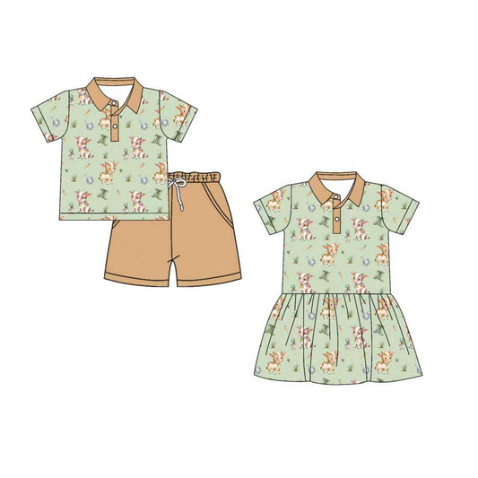 Preorder moq 5 (each item)Baby Boys Girls Water Cows Button Top Pockets Shorts Western Clothes Set Knee Length Dress